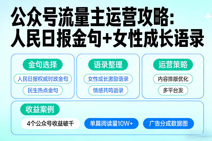 利用人民日报金句+女性成长语录做公众号流量主，4个公众号收益破千-卿云社