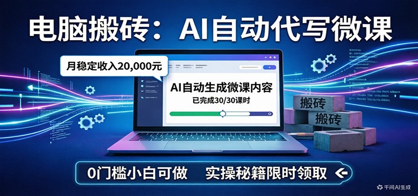 电脑搬砖AI自动代写微课，月稳定2W，0门槛小白可做，实操秘籍-卿云社