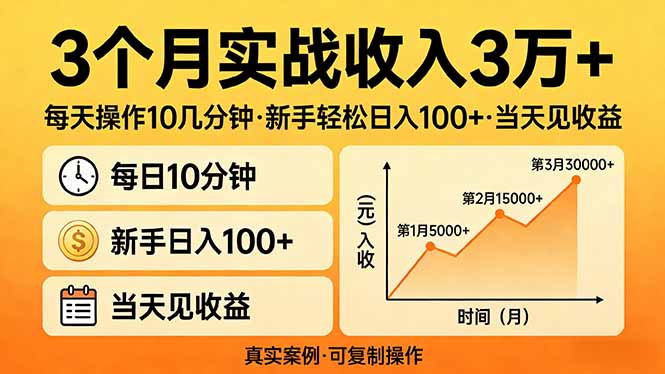3个月实战收入3万+，每天操作10几分钟，新手轻松日入100+，当天见收益-卿云社