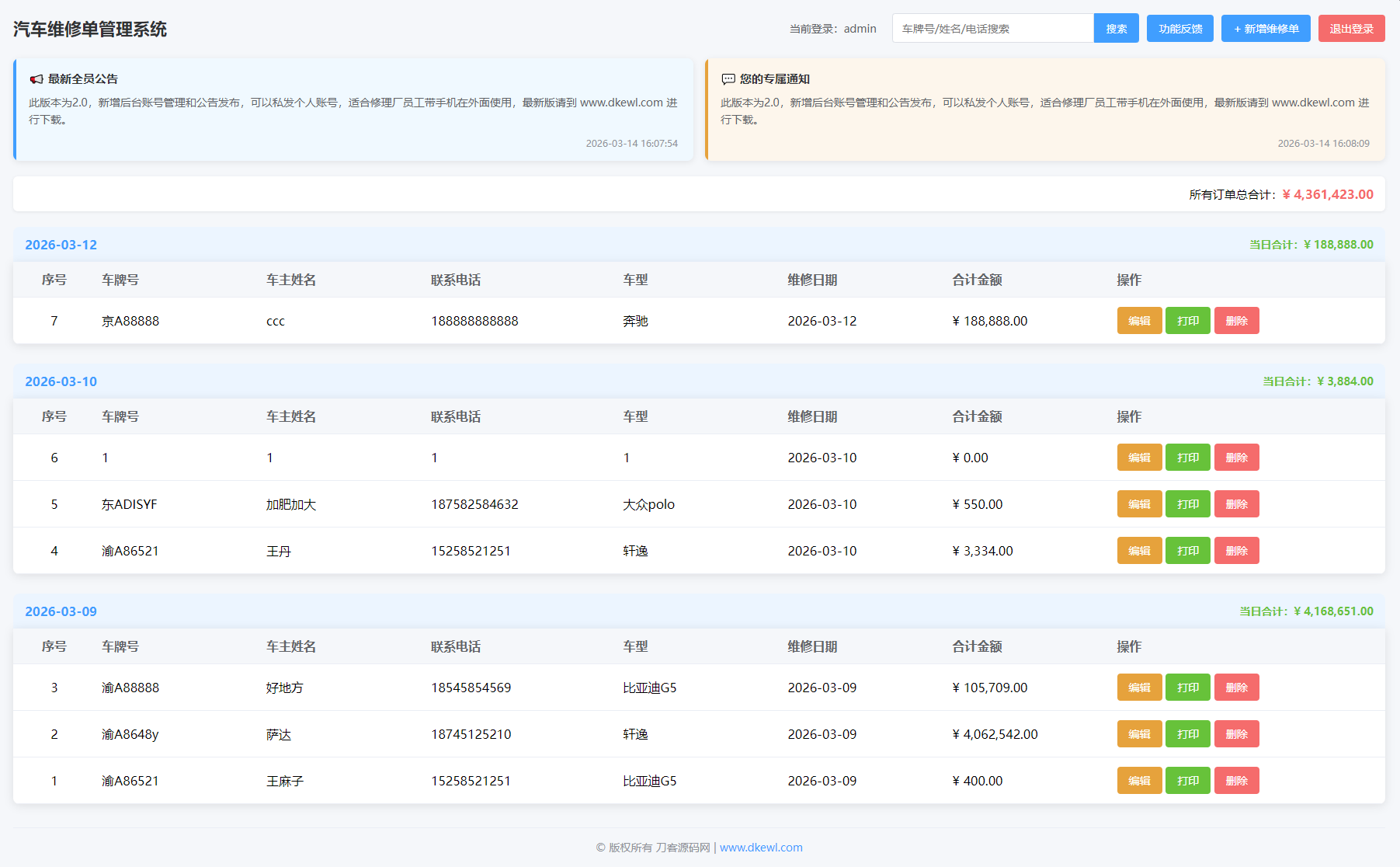 汽修单管理系统源码-卿云社