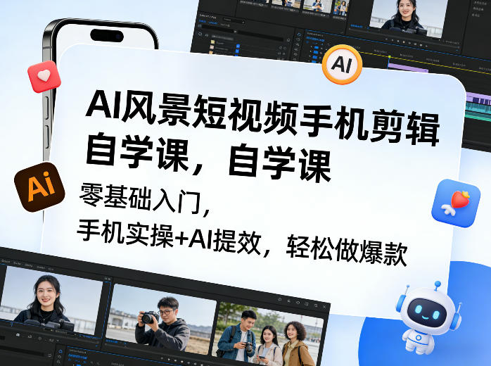 AI风景短视频手机剪辑自学课，零基础入门，手机实操+AI提效，轻松做爆款-卿云社