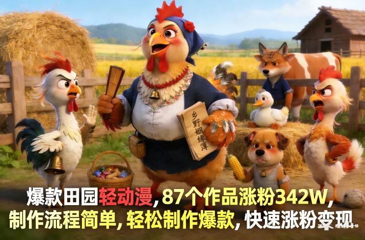 爆款田园轻动漫，87个作品涨粉342W，制作流程简单，轻松制作爆款，快速涨粉变现-卿云社