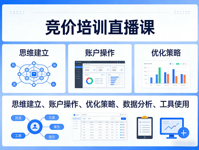 竞价培训直播课，覆盖思维建立、账户操作、优化策略、数据分析、工具使用等，全方位提升效果-卿云社