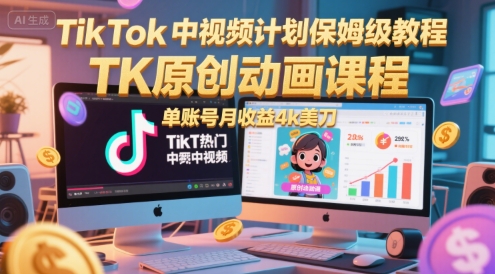 TikTok中视频计划保姆级教程，TK原创动画课程，单账号月收益4k美刀-卿云社