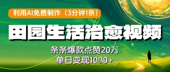 利用AI免费制作田园生活治愈视频，条条爆款点赞20W，单日变现几张-卿云社