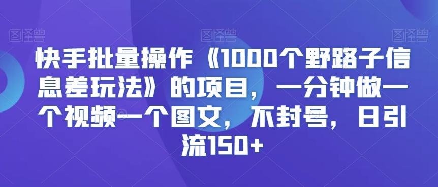 快手批量操作《1000个野路子信息差玩法》的项目，一分钟做一个视频一个图文，不封号，日引流150+【揭秘】-卿云社