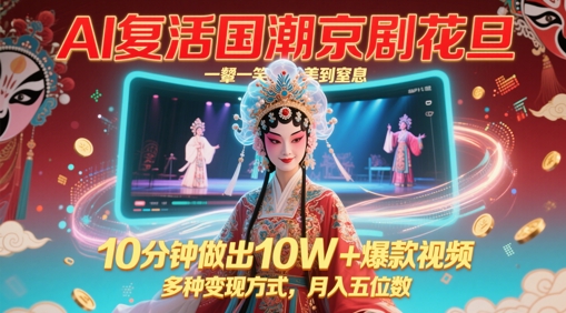 AI复活国潮京剧花旦，一颦一笑美到窒息，10分钟做出10W+爆款视频，多种变现方式，月入五位数-卿云社