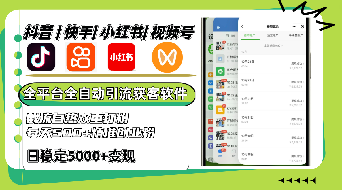抖音快手小红书视频号全平台全自动引流获客系统，截流自热双重打粉，每天500+精准粉-卿云社