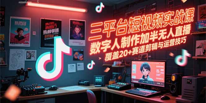 三平台短视频实战课，数字人制作加半无人直播，覆盖20+赛道剪辑与运营技巧-卿云社