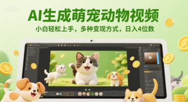 AI生成萌宠动物视频，小白轻松上手，多种变现方式，日入4位数-卿云社