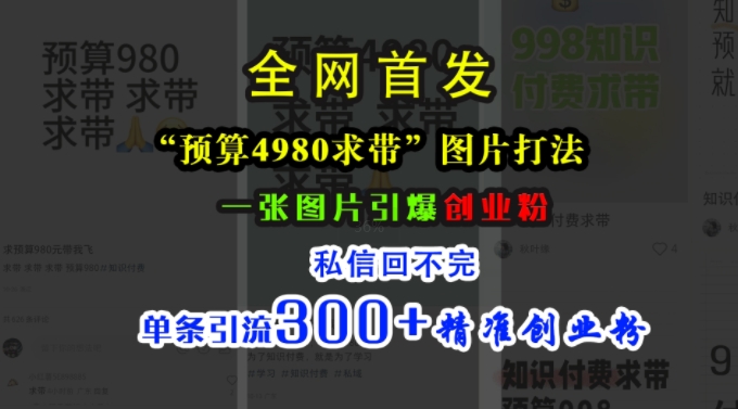 小红书“预算4980带我飞”图片打法，一张图片引爆创业粉，私信回不完，单条引流300+精准创业粉-卿云社