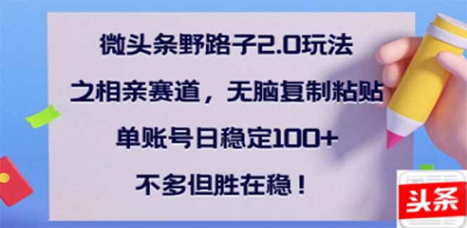 微头条野路子2.0玩法之相亲赛道，无脑搬砖复制粘贴，单账号日稳定300+...-卿云社