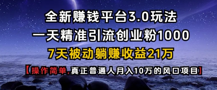 全新赚钱平台3.0玩法一天精准引流创业粉1000.7天被动躺Z收益21W【仅揭秘】-卿云社