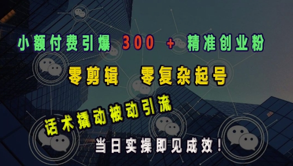 小额付费引爆 300 + 精准创业粉，零剪辑、零复杂起号，话术撬动被动引流，当日实操即见成效-卿云社