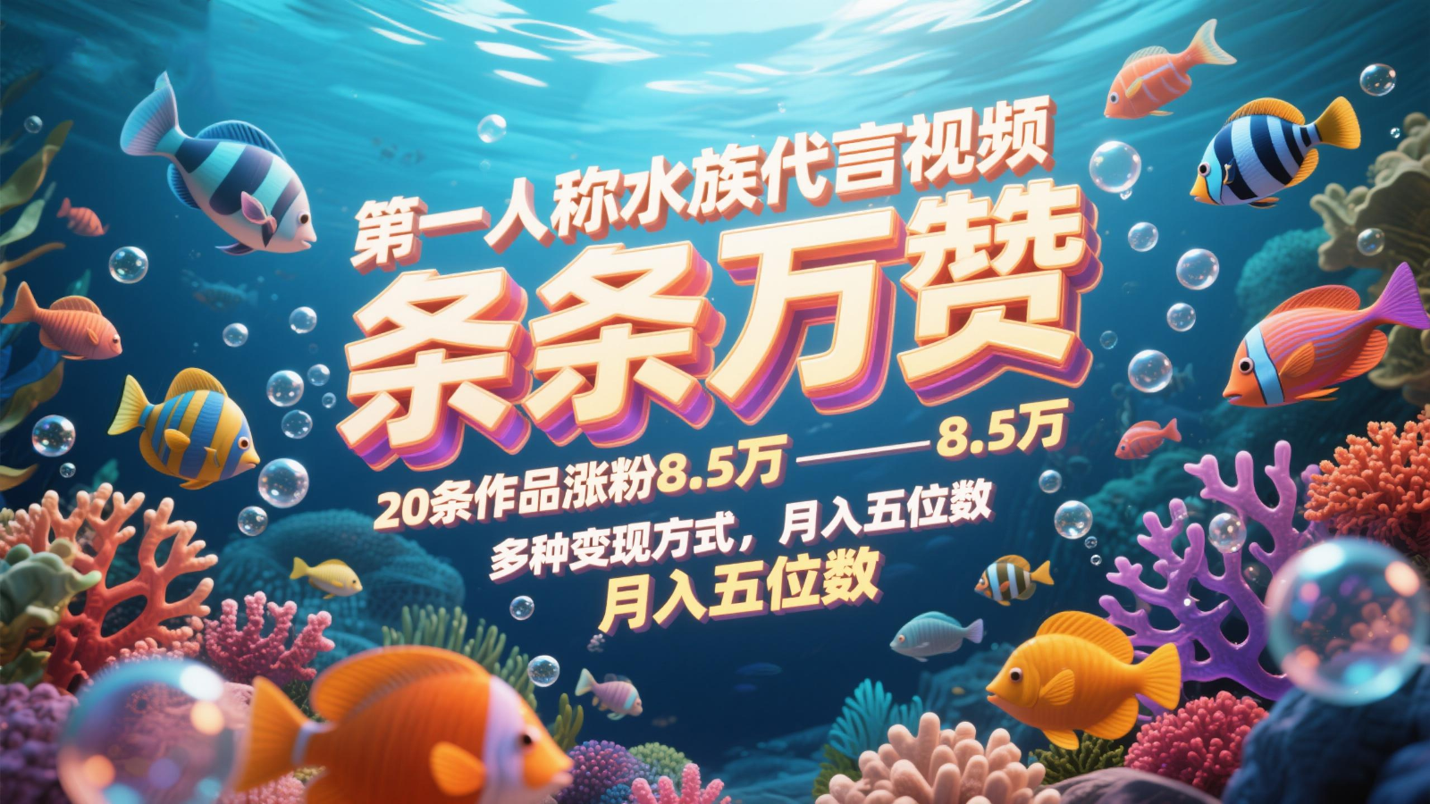 第一人称水族代言视频，条条万赞，20条作品涨粉8.5万，多种变现方式月，入五位数-卿云社