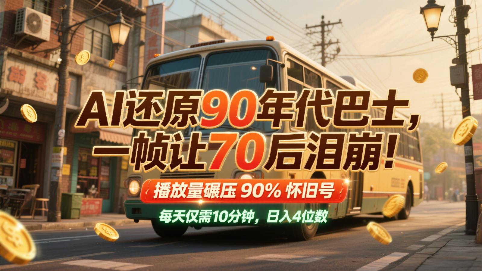 AI还原90年代巴士，一帧让70后泪崩！播放量碾压90%怀旧号，每天10分钟，日入4位数-卿云社