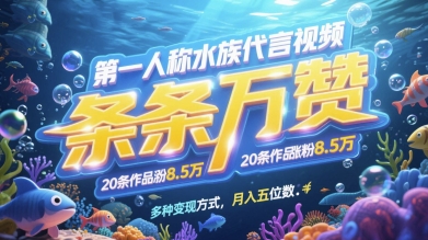 第一人称水族代言视频，条条万赞，20条作品涨粉7.8W，多种变现方式月入五位数-卿云社